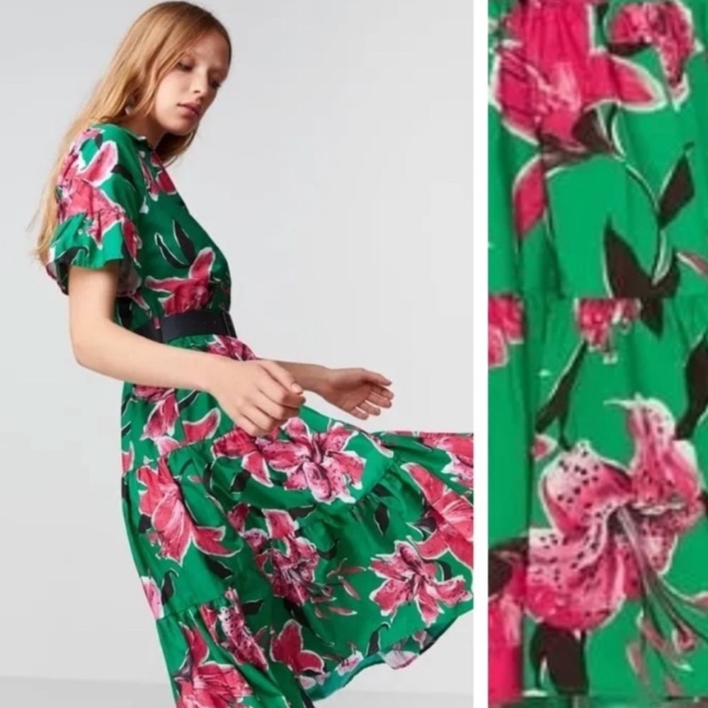 NWOT Zara Green Floral Tiered Dress